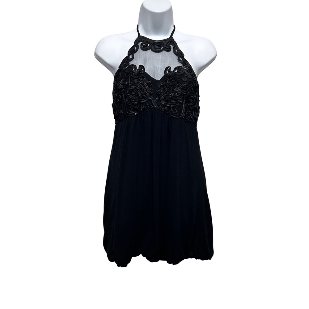 Twenty One Women Bubble Mini Dress L Black Halter Mesh Applique Y2K Indie Sleaze